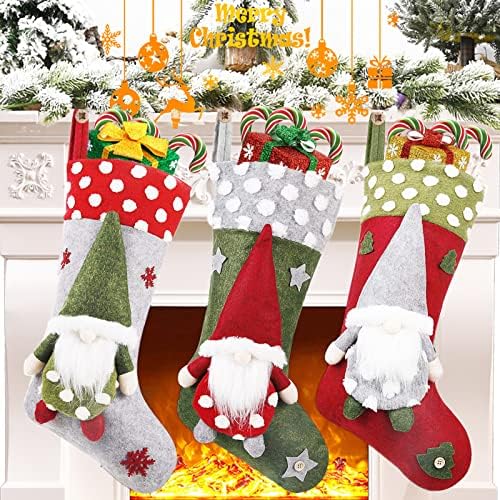 Виџух Божиќно порибување 3 пакувања, 19 инчи 3Д гноми Санта Божиќни чорапи камин виси чорапи за семејна Божиќна декорација Божиќ, карактер