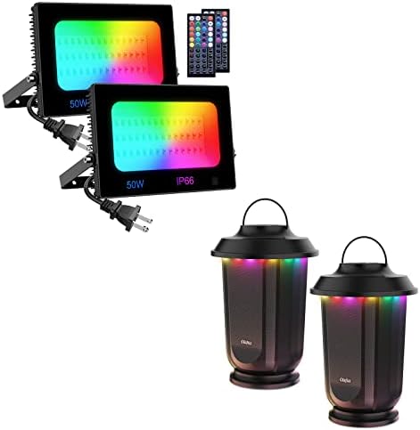Олафус RGB светло за поплавување 50W, 4900 DIY бои 500W еквивалент, IP66 фази светла и 2 пакувања на отворено Bluetooth звучници, 20W
