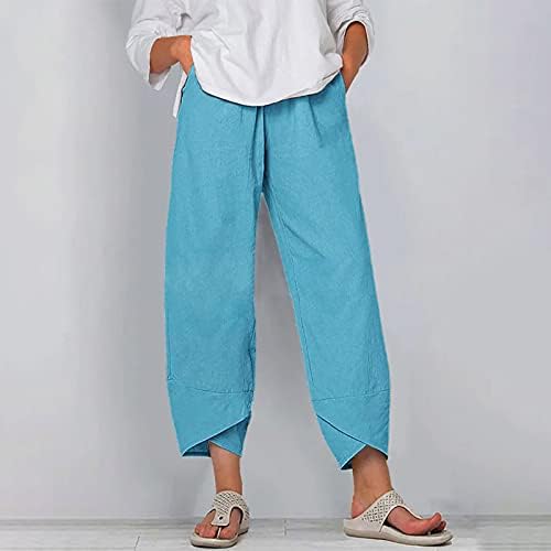 Панталони од леирк Капри за жени обични летни памучни постелнини панталони лабави еластични половини панталони широки нозе исечени