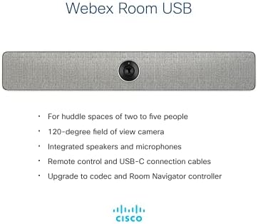 CISCO Webex Соба USB Видео Конференција Единица Со Далечински Управувач, 4k Ултра HD Камера Со Интегриран Микрофон И Звучници, 90-Ден Ограничена