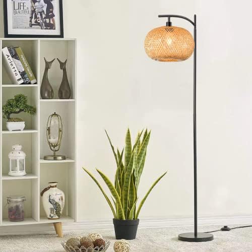 Данџои подна ламба за дневна соба, LED ратан стоечка ламба висока бохо плетена ламба за подот за читање за спална соба, канцеларија