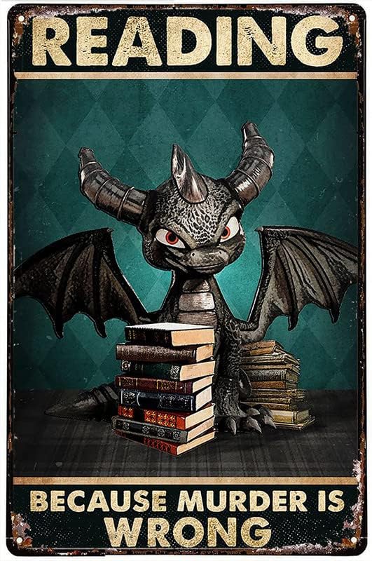Смешен змеј декор за калај знак црн змеј читање книги, читање затоа што убиството е погрешно разубавување на постер кафе, ресторан бања кујна