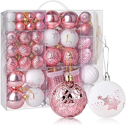 ПИИДУОО 114CT Божиќни топки Орнаменти за Божиќно дрво - Скршено Мал украси за новогодишни елки розово злато розово и бели топки
