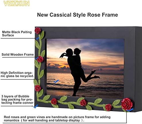 4x6 Рамки за слики Класично црно дрво фото рамки Колаж со DIY занаети 1,3 инчи мини вештачки розови цвеќиња за wallиден декор и приказ на