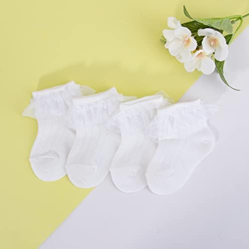 Дете за бебиња девојчиња Руфле чипка чизми чорапи принцеза фустан со лак, памук бел глужд, пржено чорап, дете дете 2-10T 5/6pack