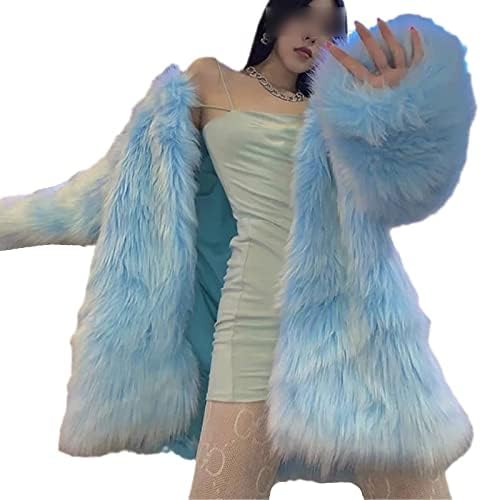 Женски зимски палта Елегантни сини крзно крзнени палта со долги ракави задебелени топли палта за ладно заштита од крзнени палта