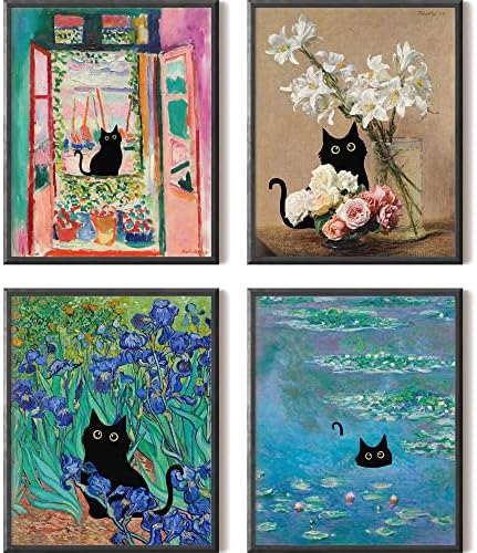 Смешни црни мачки wallидни печати, Матис, Моне, Ван Гог, еклектичен естетски декор, нерасположено, 8x10 инчи
