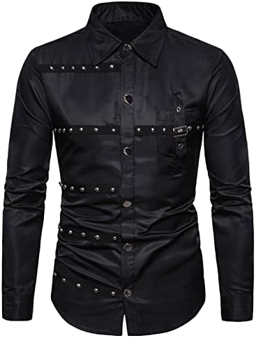 Менс мода тенки готски кошули панк -копче со патеки надолу со кошула ретро рок кошула, обична блуза за блузи, врвови на врвови