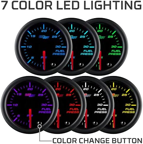 Затемнетиот Glowshift Tinted 7 Color 30 PSI Комплет за мерач на притисок на горивото - Вклучува електронски сензор - црно бирање