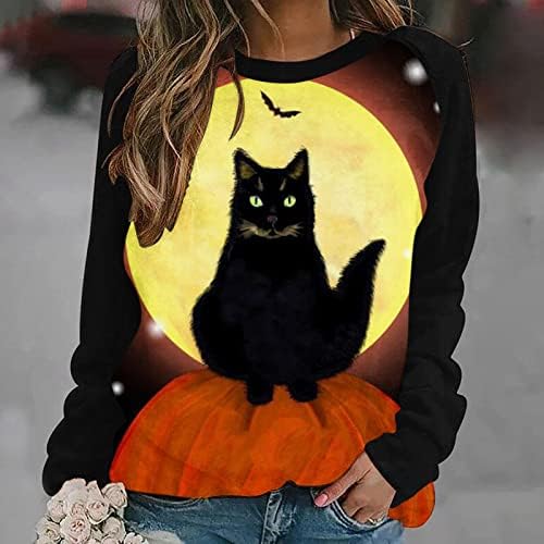 Бургундија симпатична празник Ноќта на вештерките Бранч Бистиер жени со долг ракав брод врат од тиква месечина мачка блуза камизола тинејџерски