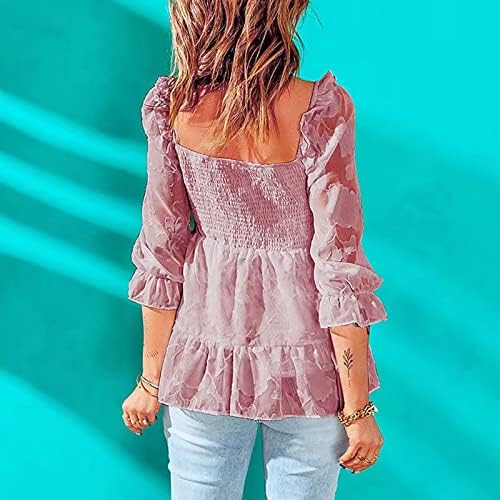 Женски плетени бустички блузи од камизол кошули 3/4 мафта за ракав лажички шифон чифон случајна бистиер Ик