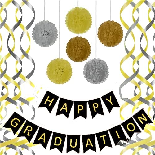 Декорации за дипломирање, Среќен Банер За Дипломирање со 6 Пом Пом 2 Златни 2 Жолти 2 Сливер, 6 Вртења 3 Златни 3 Сливер, украси за забави
