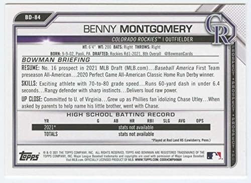 2021 Bowman Draft BD-84 Benny Montgomery RC RC Rocie Colorado Rockies MLB Baseball Trading Card