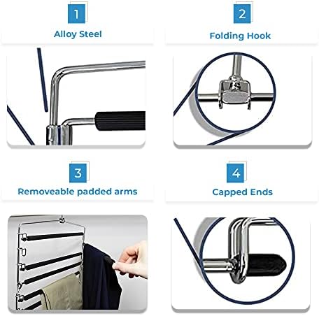 UStech 8 Tier Swing Arm Pants Hanger | Закачал за облека за заштеда на простор со подлога од пена и отстранливи раце | Изградба на легура челик