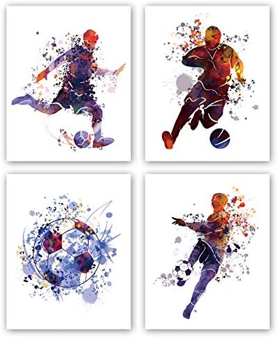 Xun акварел момчиња фудбалска уметност печатење-фудбалска силуета спортска тема платно wallидна уметност-совршена за момчиња фудбалски
