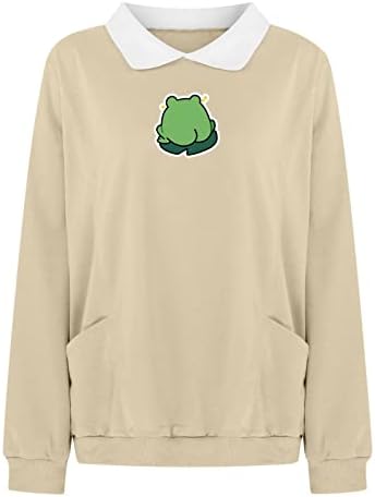 Плус големина џемпер на екипаж за жени Симпатична жаба графичка лабава маици со долг ракав тинејџерски девојки обични врвови на лаптопи со џебови