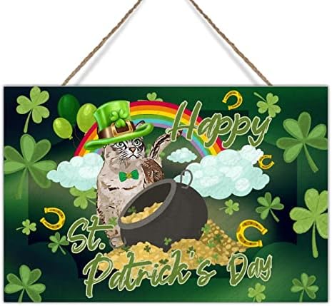 Детелина Лепрекаун капа за мачки wallид декор, дрво знак виножито тенџере од злато потковица дрво wallид, знак за среќа на ирскиот среќен