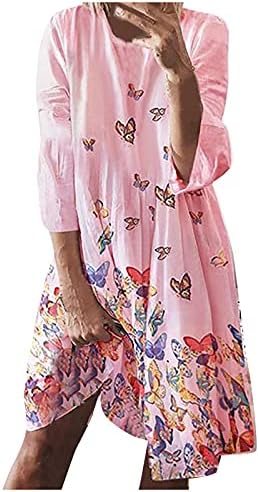 Плус фустани со големина за жени, женски обичен удобен тркалезен врат пеперутка/лисја печати долг ракав фустан