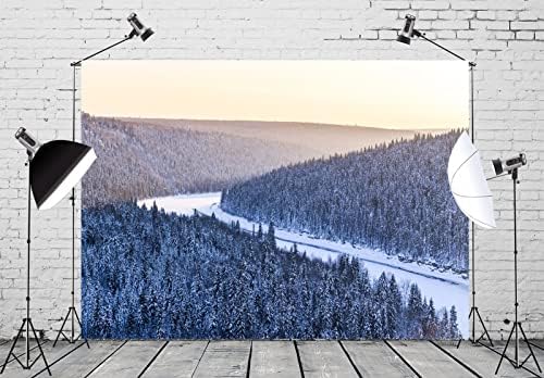 Корфото 9x6ft ткаенина Зимска сцена позадина Снежна зимзелена шума опкружувајќи замрзната река Фото позадина Зимска шума позадина за Божиќ