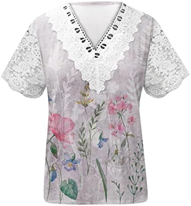 Летни врвови жени модна графичка маица чипка кратка ракав блуза чипка капчиња трим V вратот маички бохо врвни маички
