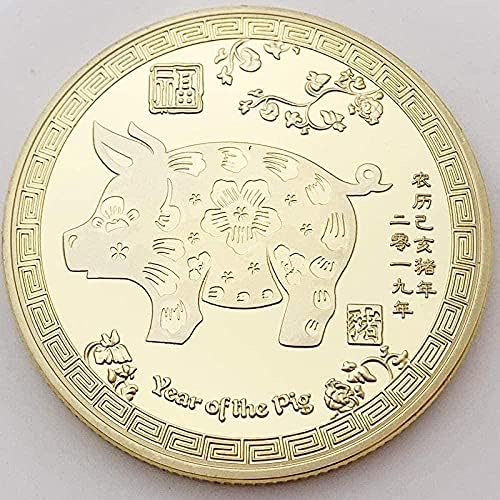 2019 Зодијак Година на свиња злато позлатена комеморативна монета колекција на животни Фува Нова Година Златна монета Златна цветна свиња копија за домашна канцела?