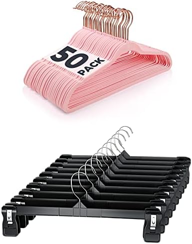 Розови кадифени закачалки 50 пакувања со 30 пакувања со црна пластична здолниште со црна пластична здолниште со големи клипови, кои не се лизгаат, кои не се собрани з?