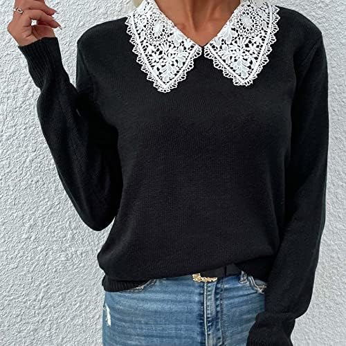 Обични џемпери со цврста боја за жени со чипка, спојувајќи ја лентата за плетенка, симпатична елегантна лесна долга ракав пуловер
