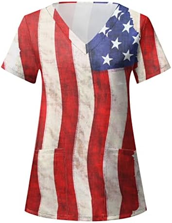 Кошули со маички на 4-ти јули за жени во САД знаме летен краток ракав против маица со вратот со 2 џебови смешна празнична работна облека