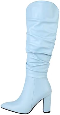 Чизми со високо возење на коленото, женски модни модни чизми за патент меки чизли чизми од западен каубојски чизми