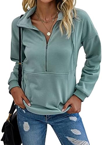 Missky женски долги ракави патент џемпер, обичен пулвер, врвови за влечење на четвртина, кошули со худи со џемпер со џебови