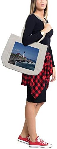 Торба за купување на пејзажи во Амбесон, фотографија со морски теми со светилник на карпи и брановидно море мирно небо панорама, еко-пријателска