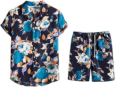 Машка цветна кошула Редовно вклопување на хавајски поставува случајни копче надолу кошула и шорцеви одговараат на мажите пижами 2 парчиња