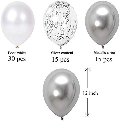 Метални сребрени бисери бели сребрени конфети балони сет, 12 -тина латекс сјајни балони роденден бебе невестински туш венчални украси украси