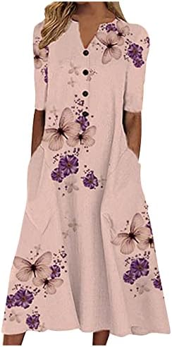 Летни фустани на Adhowbew за жени 2023 без ракави/краток ракав плус големина на течен фустан со џебови постелнини обични сандери