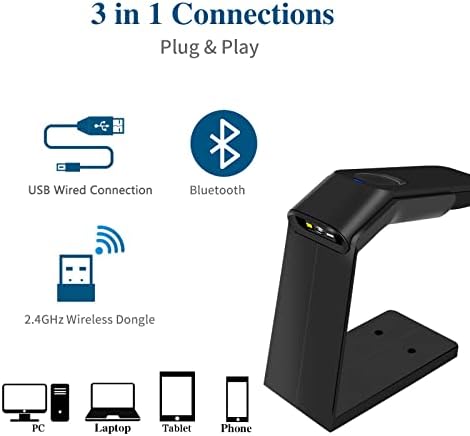 Безжичен скенер за баркодови со штанд, компатибилен со Bluetooth, 2.4GHz безжична и жична врска сите во една за библиотека за