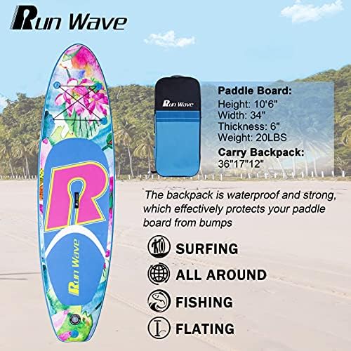 Runwave надувување на надувување на таблата со лопатка 11 '× 33' '× 6' 'не-лизгачки палуба со додатоци за Premium SUP | Широк став, долни перки