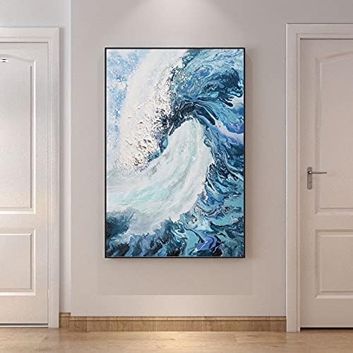 Рачно насликано вертикално масло за сликање - Апстрактни текстуриран океански бран со голема големина на маслото сликарство на платно, модерни уметнички дела за д?
