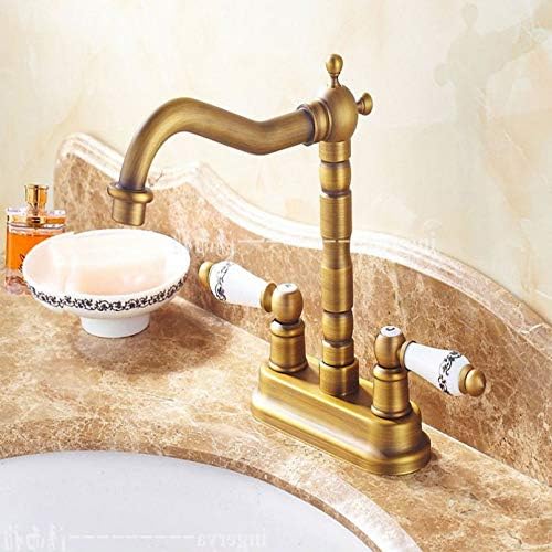 Антички месинг 4 Центрира бања Две дупки миксер за мијалник за мијалник на мијалник за миење садови, двојно керамички лостови