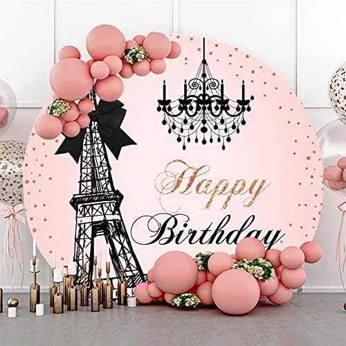 Yeelle 6.5x6.5ft Париз Ајфелова кула роденденска рунда позадина црна лустерка bowknot розови сјајни точки среќен роденден фотографија позадина