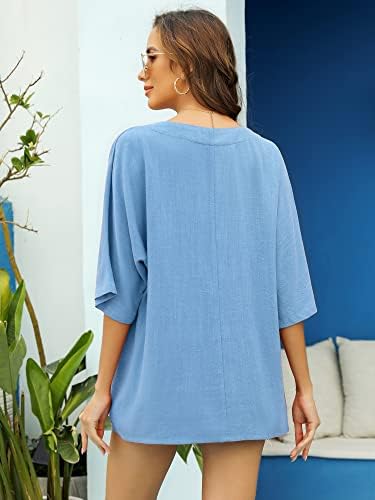 памучни кошули со природни постелнина за жени 2023 година со краток ракав лабав вклопувачки летни врвови