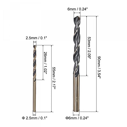 Uxcell Twist Dribt Bit Set 2,5 mm 6mm, HSS 4341 титаниум нитрид обложена алатка за дупчење со директно тркалење, за легура од не'рѓосувачки челик,
