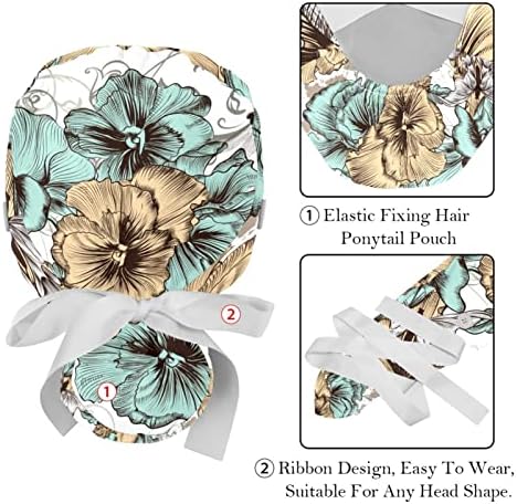 Медицински капачиња за жени со копчиња долга коса, 2 парчиња прилагодливо работно капаче, цвеќиња од пеперутка се вртат разнобојни