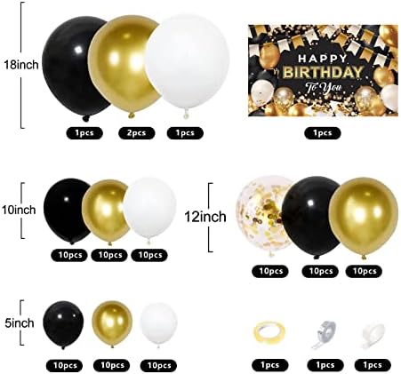 Црни И Златни Украси За Роденден, 95 Парчиња Балони Од Бело Злато Конфети Со Златна Позадина Банер Пакет За Материјали За Роденденски