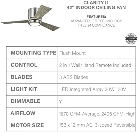 Монте Карло 3CLYR42BSLGD-V1 Јасност II 42 Вентилатор За Гушкање СО LED Светла И Далечински Управувач, 3 Сечила, Четкан Челик