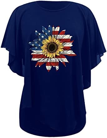 Американско знаме со сончогледово кошула жени двојно слој шифонска кошула 4 -ти јули патриотска кошула асиметрични врвови на полите