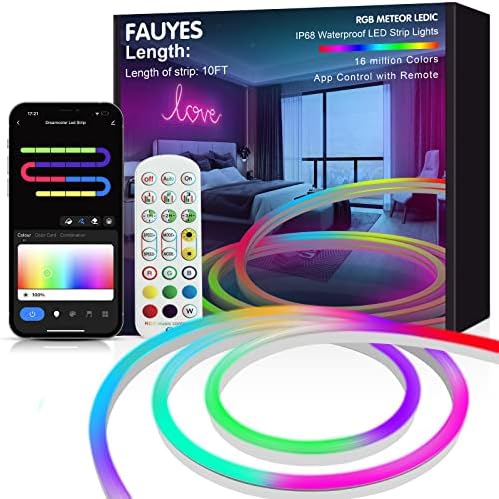 Fauyes Neon Rope Lights, 10ft RGBMeteor LEDIC, водоотпорен IP67 DIY дизајн, музика за синхронизација, 24Key далечински управувач,