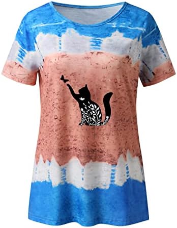 Женски обични кошули со кратки ракави за кратки ракави 2023 Модна боја блоза за блокирање на вратоврска, симпатична мачка печатена