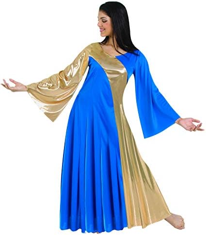Асиметричен фустан за ракави на bellвончето -светло светло кралско w / злато / 4x