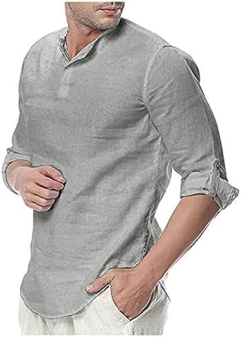 Xxbr Хенли кошули за мажи, летна машка памучна постелнина половина ракав копче надолу со цврсто есенски деловни деловни врвови