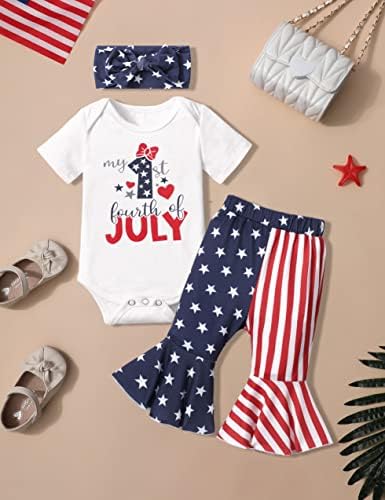 Драга мојата прва 4 -ти јули облека за девојчиња 3 парчиња бебе ромпер bellвонче на дното на панталоните